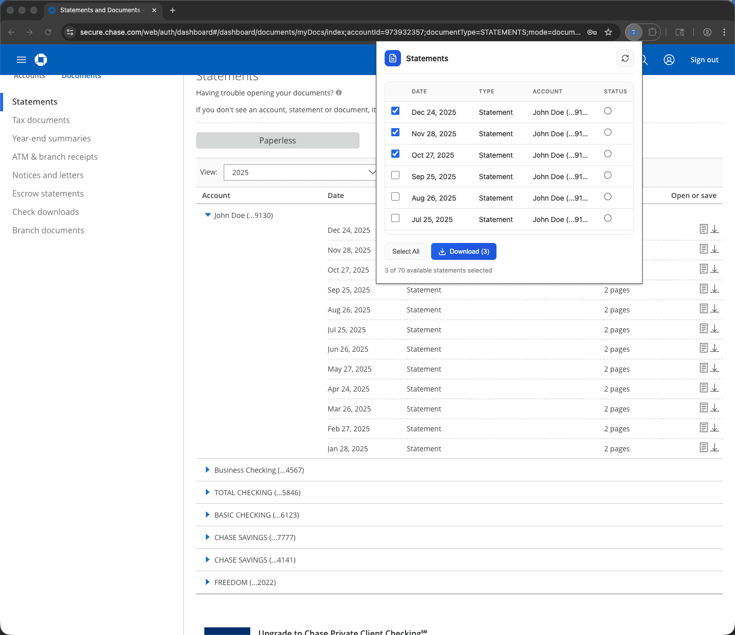 Extension popup showing statement selection on bank website